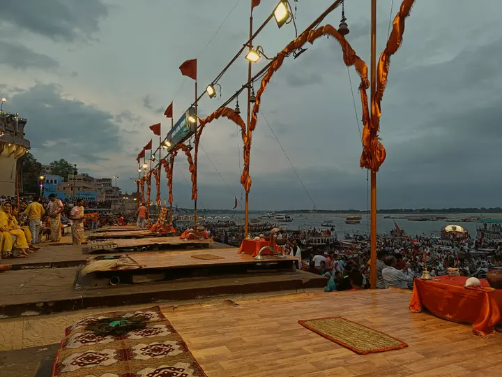 Aarti platforms on a Varanasi ghat at the river's edge