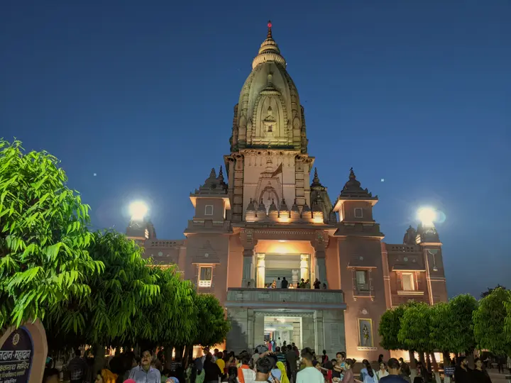 The tall white shikhara of the New Vishwanath Temple at BHU