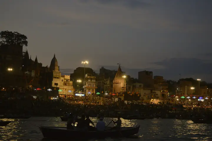 Dashashwamedh Ghat at dusk before the evening aarti, seen from the Ganga