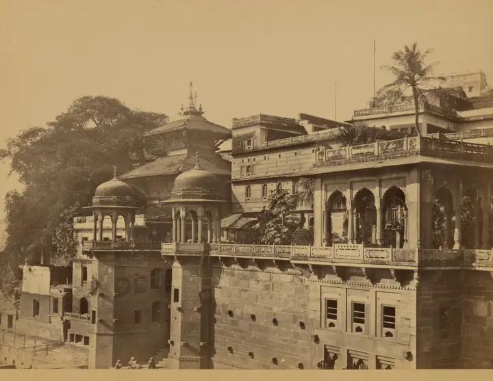 The Nepali temple above Lalita Ghat in a 19th-century photograph