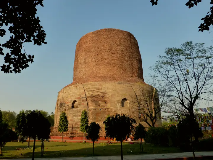 The brick and stone drum of the Dhamek Stupa at Sarnath among trees