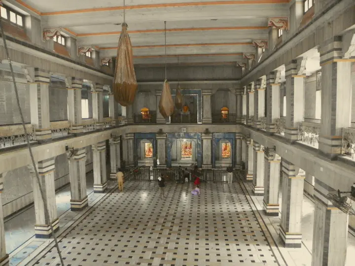 Marble hall of the Tulsi Manas temple with Ramcharitmanas verses on the walls