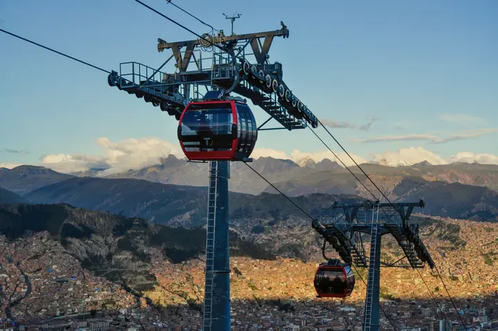 Urban ropeway gondola and tower in La Paz, Bolivia (illustrative)
